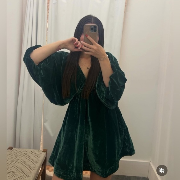 Free People Portia Velvet Mini Dress Babydoll Dress Cocktail Green NWT size S - Picture 1 of 8